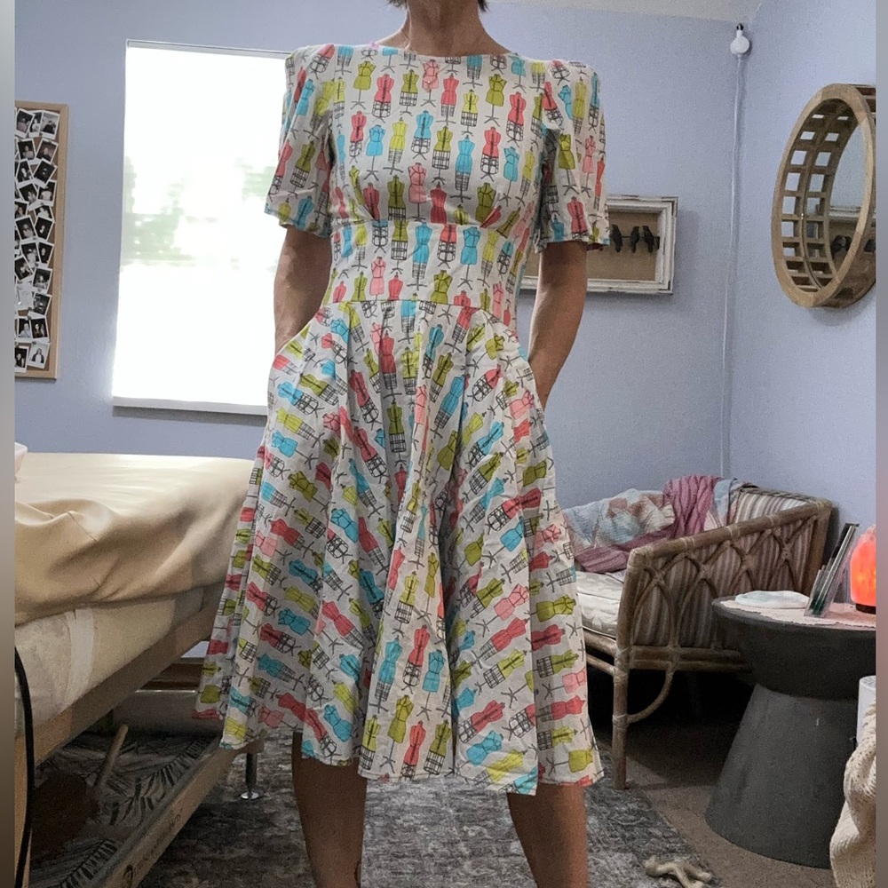 OOAk handmade cotton fit & flare vintage pattern modern fabric dress w/ pockets